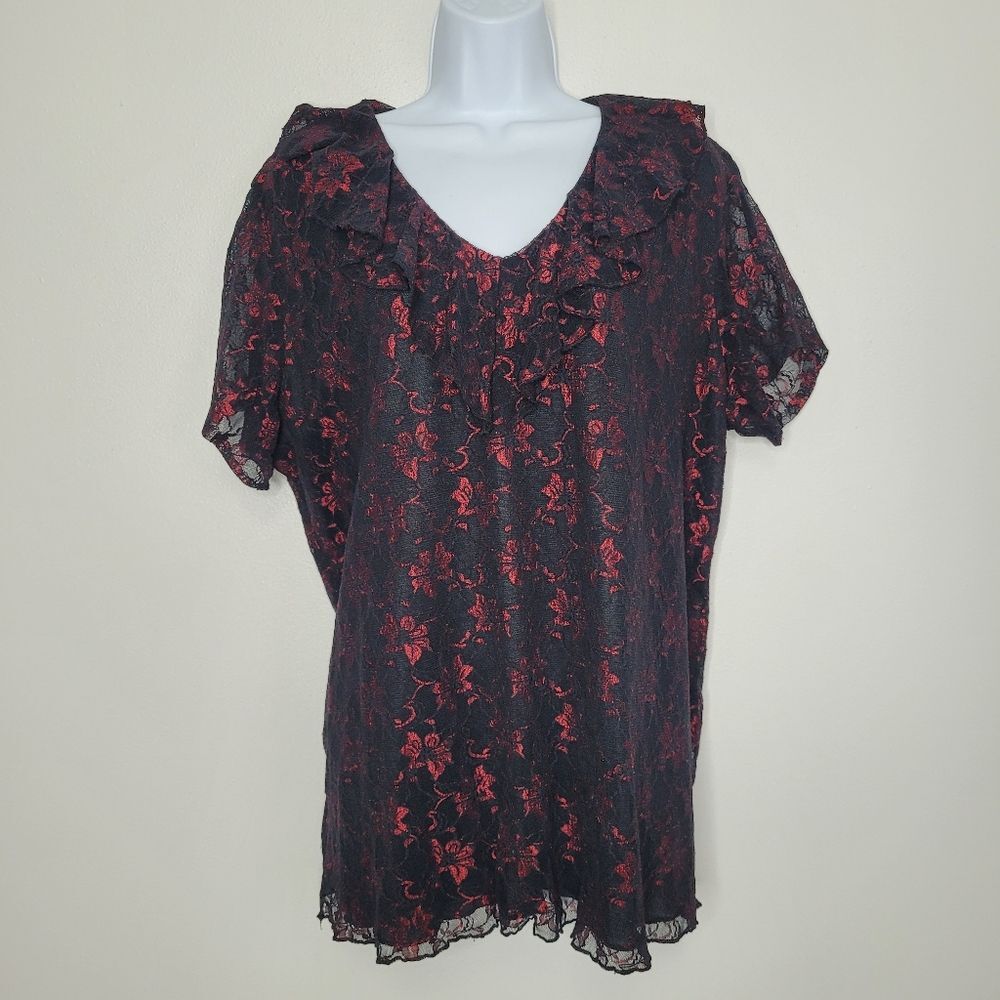 Vintage 90s red lace ruffle witchy dark romantic vamp lace Baddie top size 1x